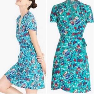 J.CREW Floral Wrap Dress Turquoise Green Blue Red White VNeck Pleated Sleeves